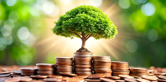 Tapeta Strom rastúci z mincí symbolizujúci udržateľný finančný rast 4K