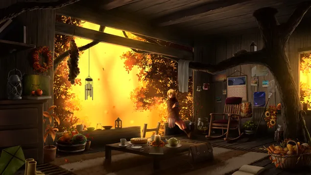 Casa del árbol | Puesta de sol de otoño HD fondo de pantalla