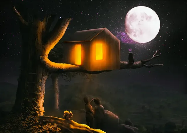 Hình nền Đêm trong rừng và những đứa trẻ bên ngôi nhà trên cây 4K