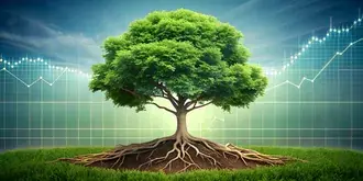 Arborele cu rădăcini care formează graficul stocului, conectând natura și afacerile 4K imagine de fundal