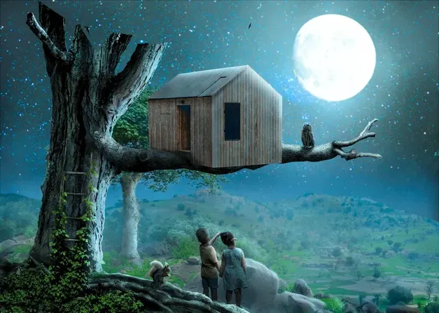 Treehouse en el bosque y niños al lado con increíble luna llena