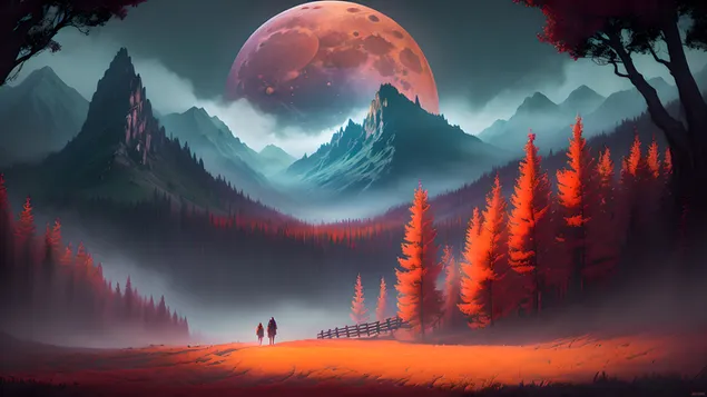 Árboles, colinas y paisajes de anime de luna roja.