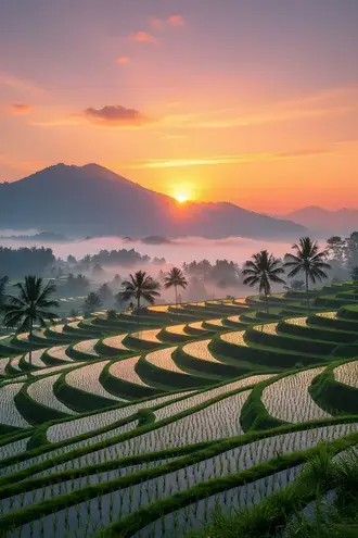 tropical bali sunrise over lush green rice terraces & misty mountains download