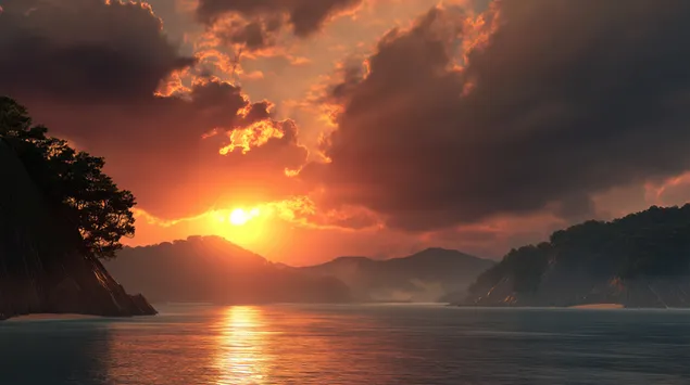 Taustakuva Trooppinen aamunkoitto: Auringon suutelema meri rehevien vuorten välissä 2K