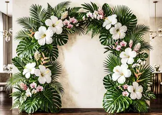fundal de arcada cu frunze tropicale de hibiscus si monstera