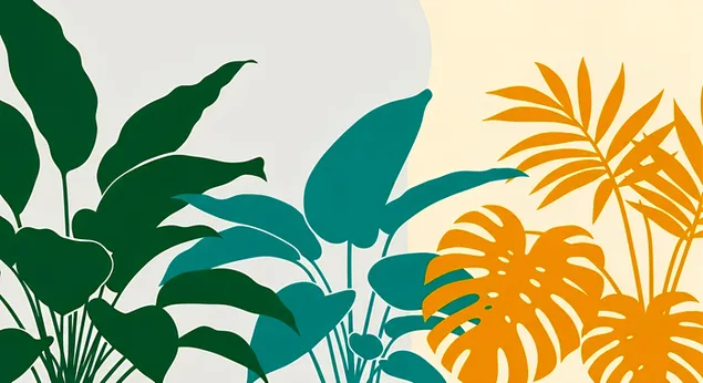 Trópusi levelek illusztrációja: zöld, kékeszöld és narancssárga botanikai művészet 4K háttérkép
