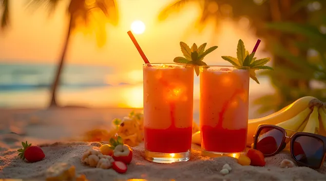 trooppisia auringonlaskun cocktaileja rannalla | kesaloman juomia lataa