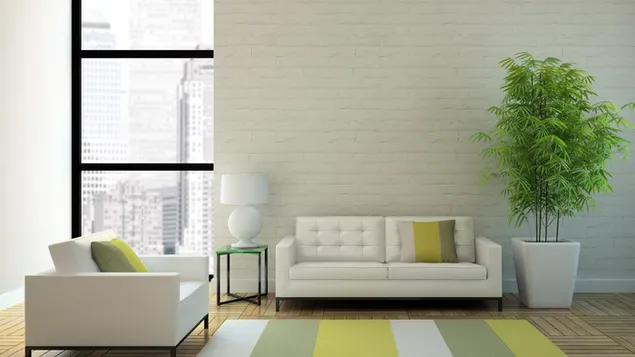 Set di divani in pelle bianca trapuntata, sala interna moderna del grattacielo 4K sfondo