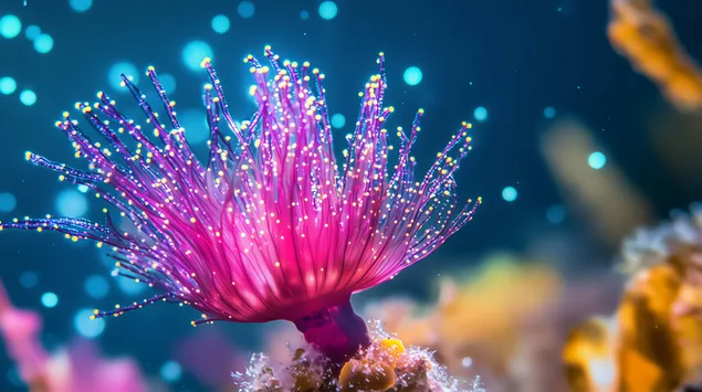 Hình nền Cây biển màu ngọc lam và đỏ tía trong cảnh dưới nước rực rỡ 8K