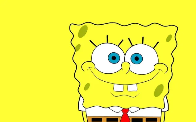 Tv-tekenfilmserie Spongebob-personage ziet er gelukkig uit voor een gele achtergrond