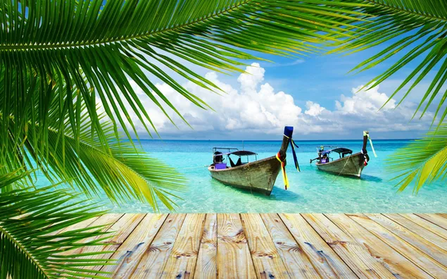 Twee houten boten in zeegezicht met witte wolken tussen palmbladeren