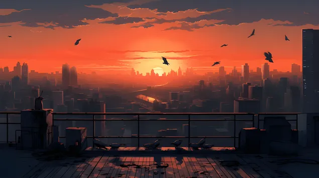 סימפוניית דמדומים: ציפורים ממריאים מעל נוף עירוני מואר שמש 8K טפט