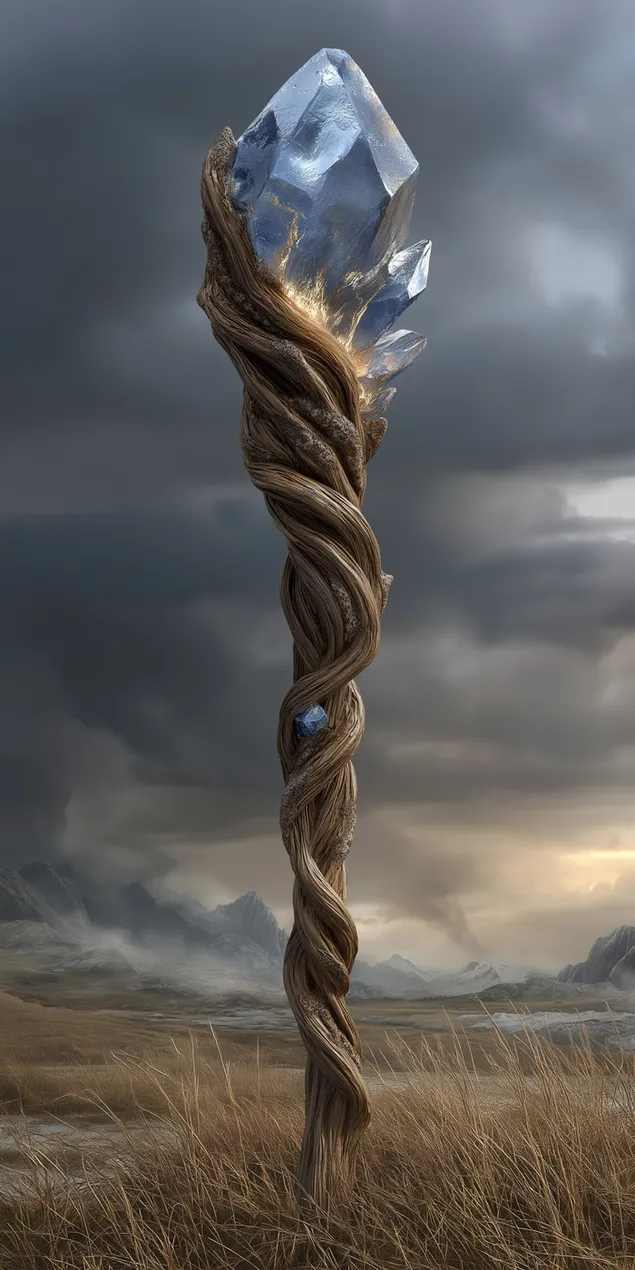 muat turun kaki kayu berpintal dengan kepala kristal besar di padang tandus