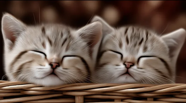 twee aanbiddelike katjies wat langs mekaar in 'n mandjie slaap aflaai