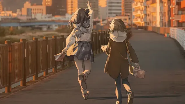 Hai cô gái anime vui vẻ cùng nhau trên đường phố