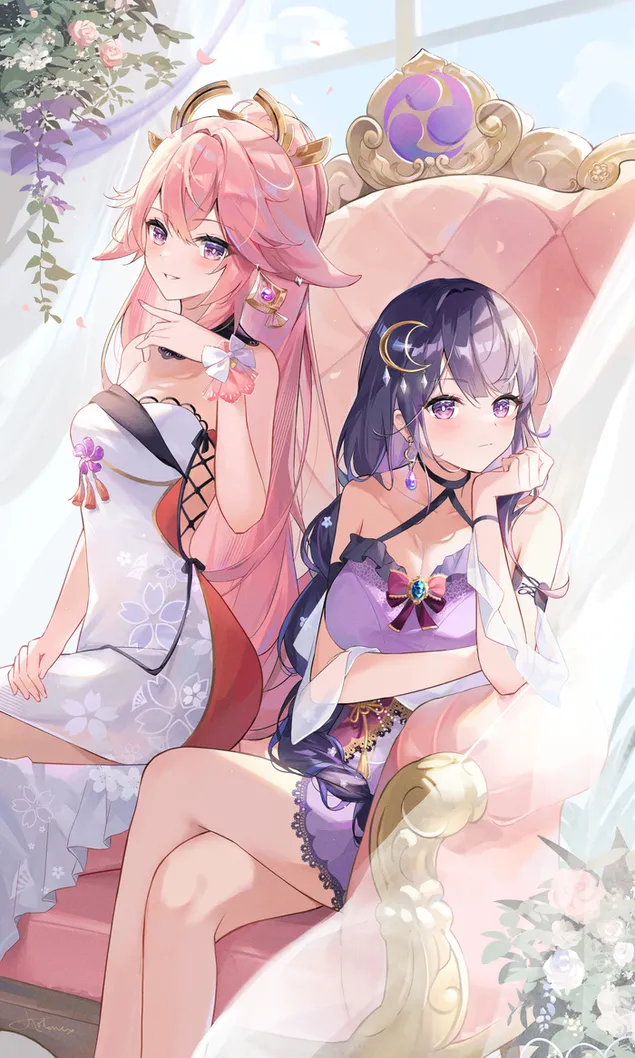 dve krasne anime divky [raiden ei & yea miko] sedi spolu a ukazuji svou anime krasu stahnout