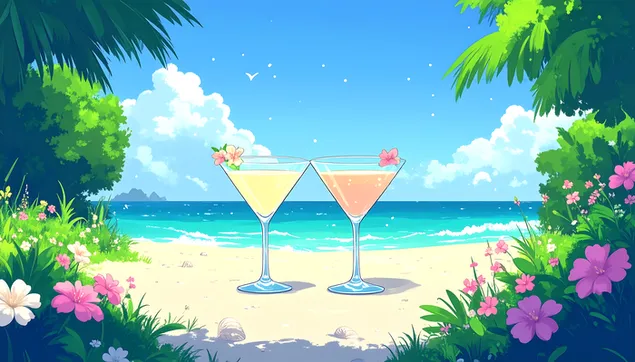 Dva koktela na plaži s tropskim biljkama i svijetloplavim nebom 8K pozadina