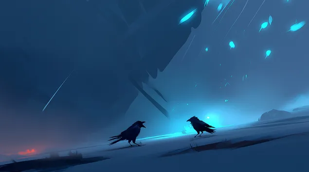 冬日夜光中的兩隻烏鴉 2K 壁紙