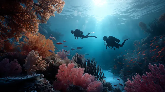 beirt tumadoiri ag iniuchadh tirdhreach sceire coireil faoi uisce ata ag blathu ioslodail