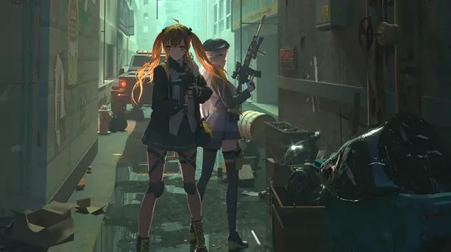 Divas meitenes atrod kādu ar ieročiem 4K fona tapete