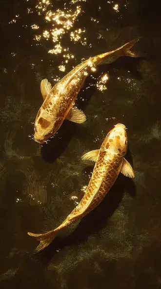 two golden koi fish swimming in dark water with bright sparkling sunlight reflections download