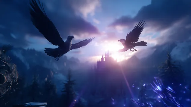 Taustpilt Kaks majesteetlikku varest lendavad fantaasiamaastiku kohal 2K