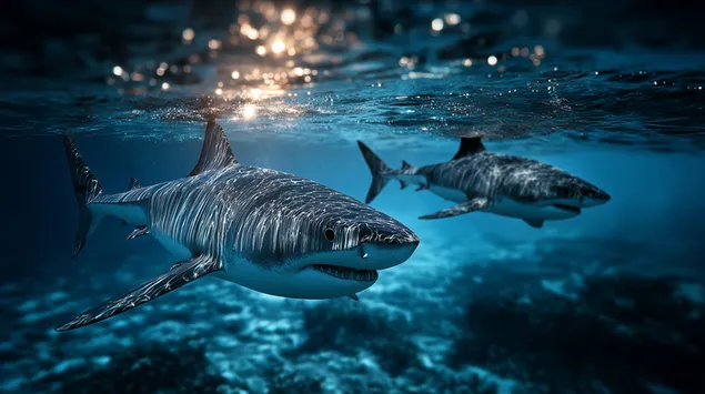 Two Majestic Sharks Cruising in Blue Ocean Depths 2K wallpaper