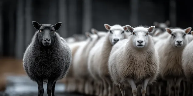 zwei auffallige schafe mit dunklem und hellem fell in einer herde herunterladen