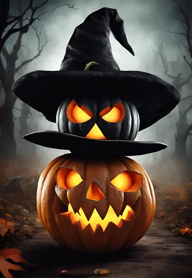 Zwei gruselige Kürbisse inmitten einer bösen Wildnis 2K Hintergrundbild