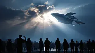 UFO 도착: 군중이 구름 사이로 지나가는 외계 우주선을 목격하다 2K 배경화면