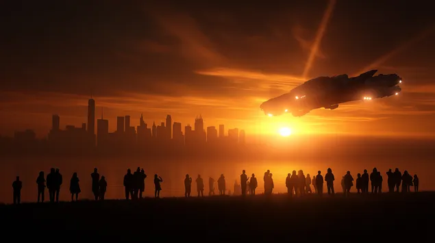 ירידת עב"ם מעל קו הרקיע של העיר בשקיעה לוהטת 2K טפט