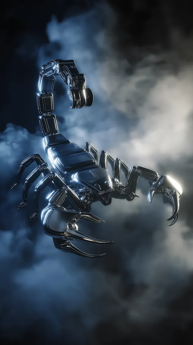 ultra-gedetailleerde chrome scorpion in smokey-omgewing aflaai
