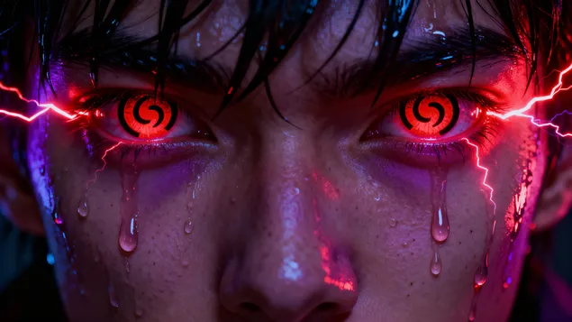 ultra realistesch sharingan rout aen nahaufnahme mat elektrescher energie an donkeler beliichtung eroflueden