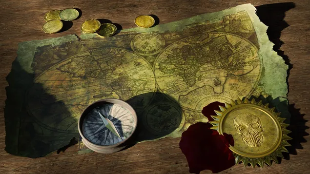 Un mapa del mundo antiguo, una brújula, una moneda antigua y un símbolo de esqueleto en una mesa de madera