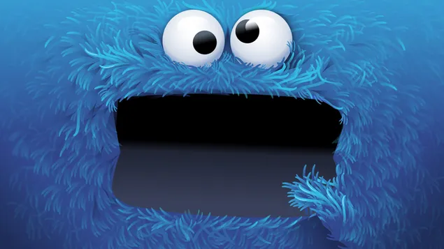 Un monstruo que come galletas con expresión de sorpresa y pelusa azul de un habitante de Barrio Sésamo