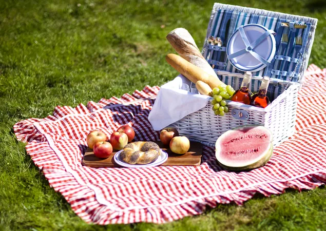 Una cesta de picnic con frutas, pan y bebidas. descargar