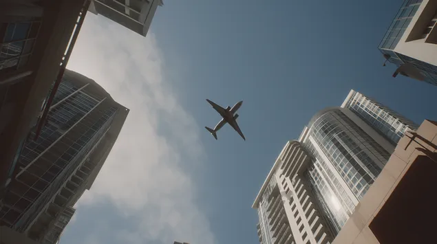 Vista inferior d'un avió comercial que passa sobre el paisatge urbà 2K fons de pantalla