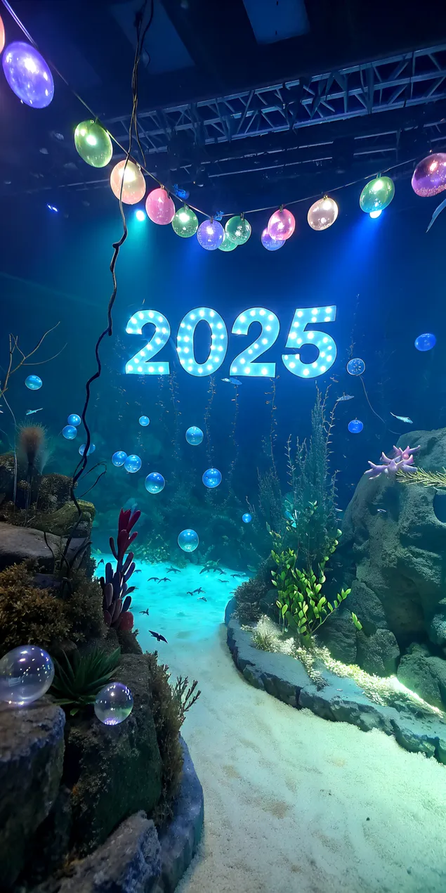 Escena bioluminiscent submarina amb 2025 en colors marins brillants 2K fons de pantalla
