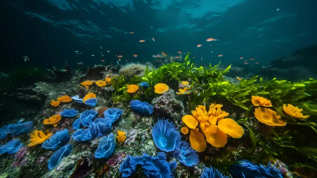 Шпалери Підводний калейдоскоп водоростей і яскравих синіх губок 8K