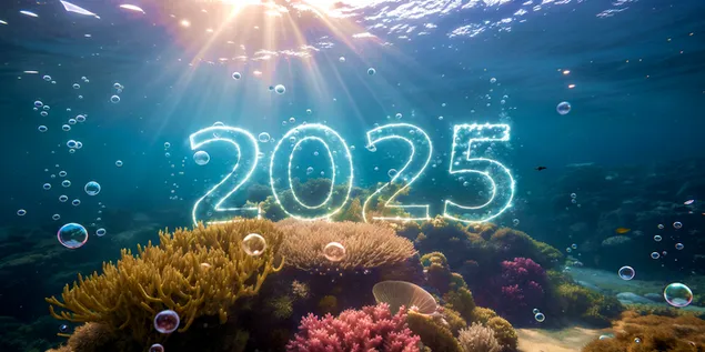Ënnerwaasser Neit Joer 2025 a Glühende Korallen mat Bubbles a Luminescent Partikel 4K Tapeten