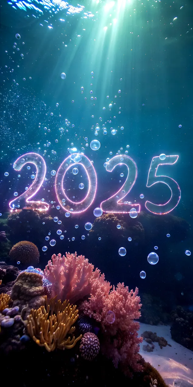 Escena submarina amb estructures de corall brillants "2025" i partícules luminiscents 2K fons de pantalla