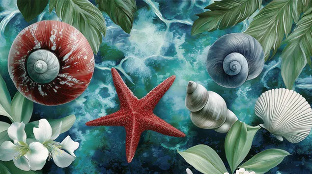 Podvodne morske zvijezde i školjke na pješčanom morskom dnu 2K pozadina