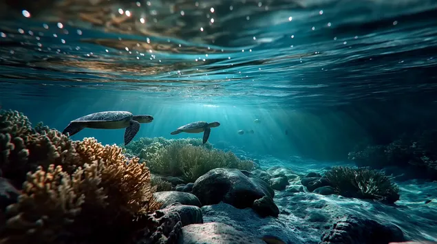 radharc faoi uisce ar dha thurtar mara ag snamh in aice le sceir choireil ioslodail