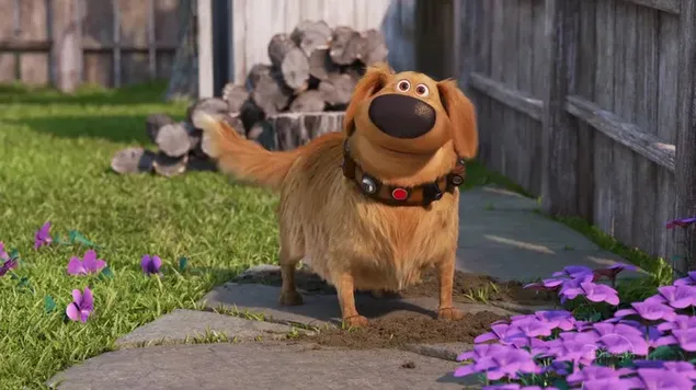 Hasta el perro de la película de animación se ve lindo en el jardín entre flores de color púrpura