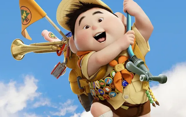 Hasta personaje de dibujos animados chico viajero lindas poses en la cuerda de la casa volando en el cielo