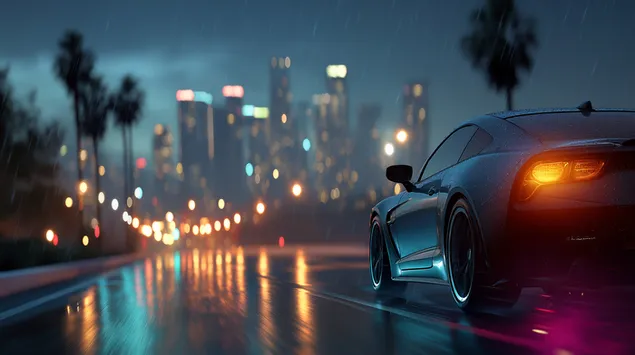 Tapeta Mestská jazda za mokrej noci so žiarou panorámy mesta 2K