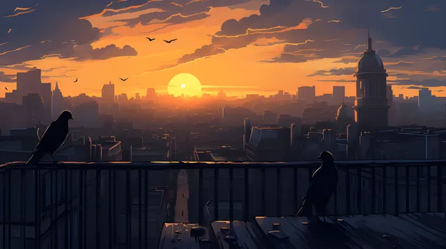 אופק עירוני: צלליות של ציפורים נגד שקיעה לוהטת 8K טפט
