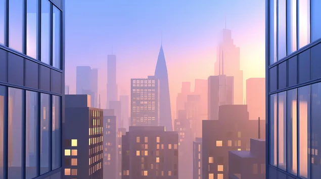 panorama miasta o wschodzie slonca, wieze city towers w mgle pobierz