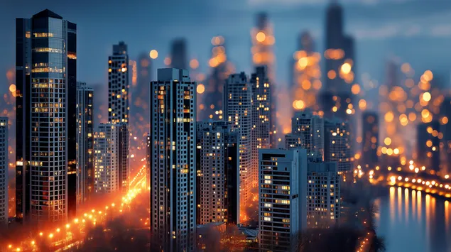 קו רקיע עירוני עם מבנים מוארים ושבילי אור בוקה 2K טפט