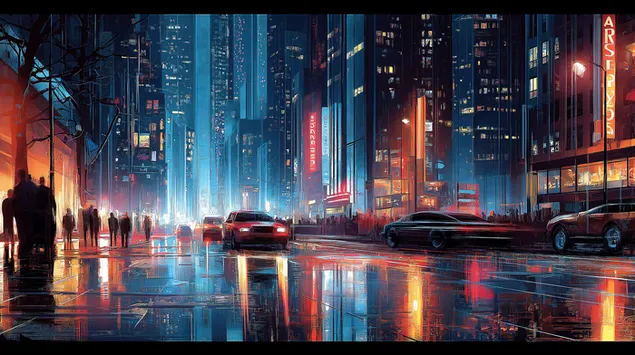 Шпалери Міська вулиця вночі з міськими хмарочосами та автомобілями 2K